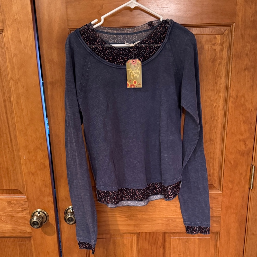 Oli & Hali Navy Blue Long Sleeve Top with Floral Trim